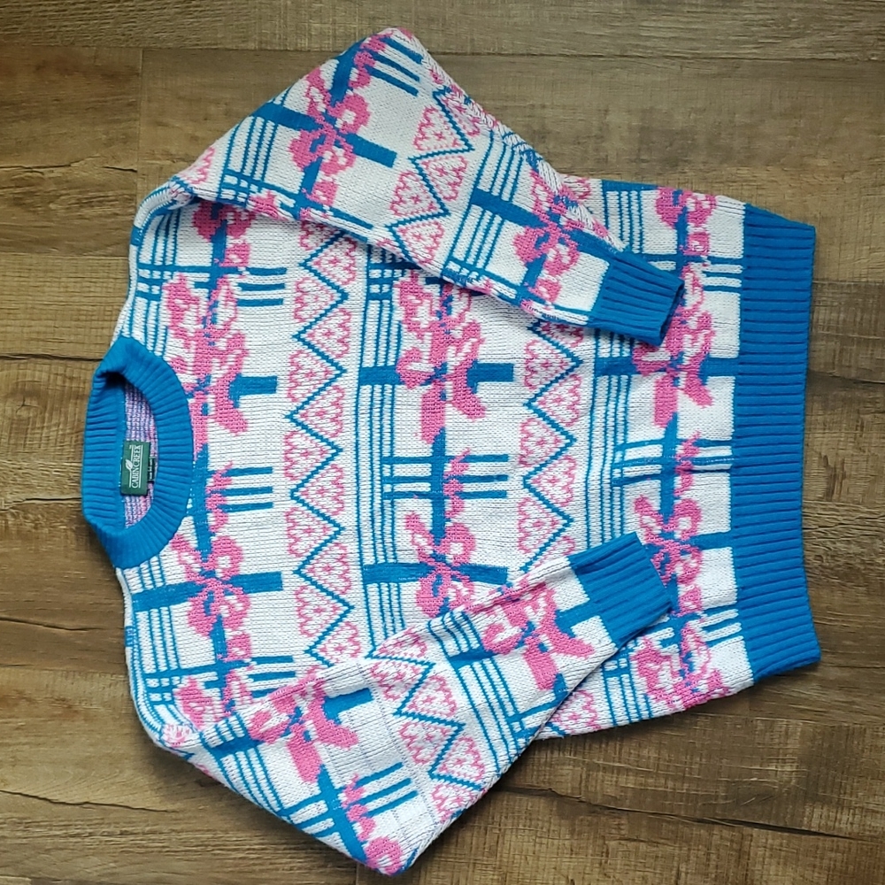 Vtg Blue Pink Cabin Creek 100% Acrylic Knit Sweater Hearts & Bows Womens Medium